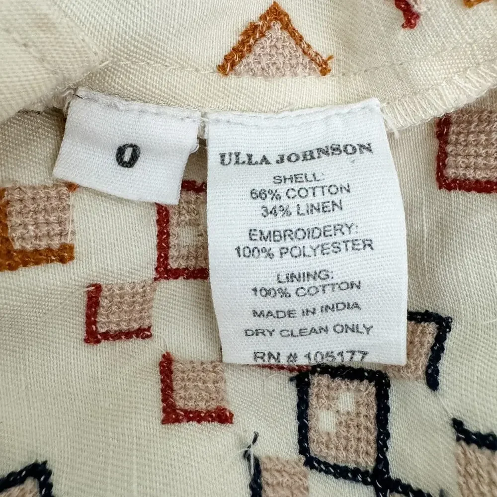 Ulla Johnson Adilah Beaded Embroidered Cotton Linen Mini Dress Ochre size 0